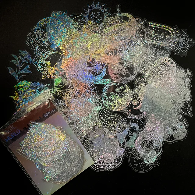 100 arkuszy kolorowe naklejki laserowe Magic World PET naklejki na butelki wody estetyczne, seria Magic Memoirs podręcznik dekoracji DIY
