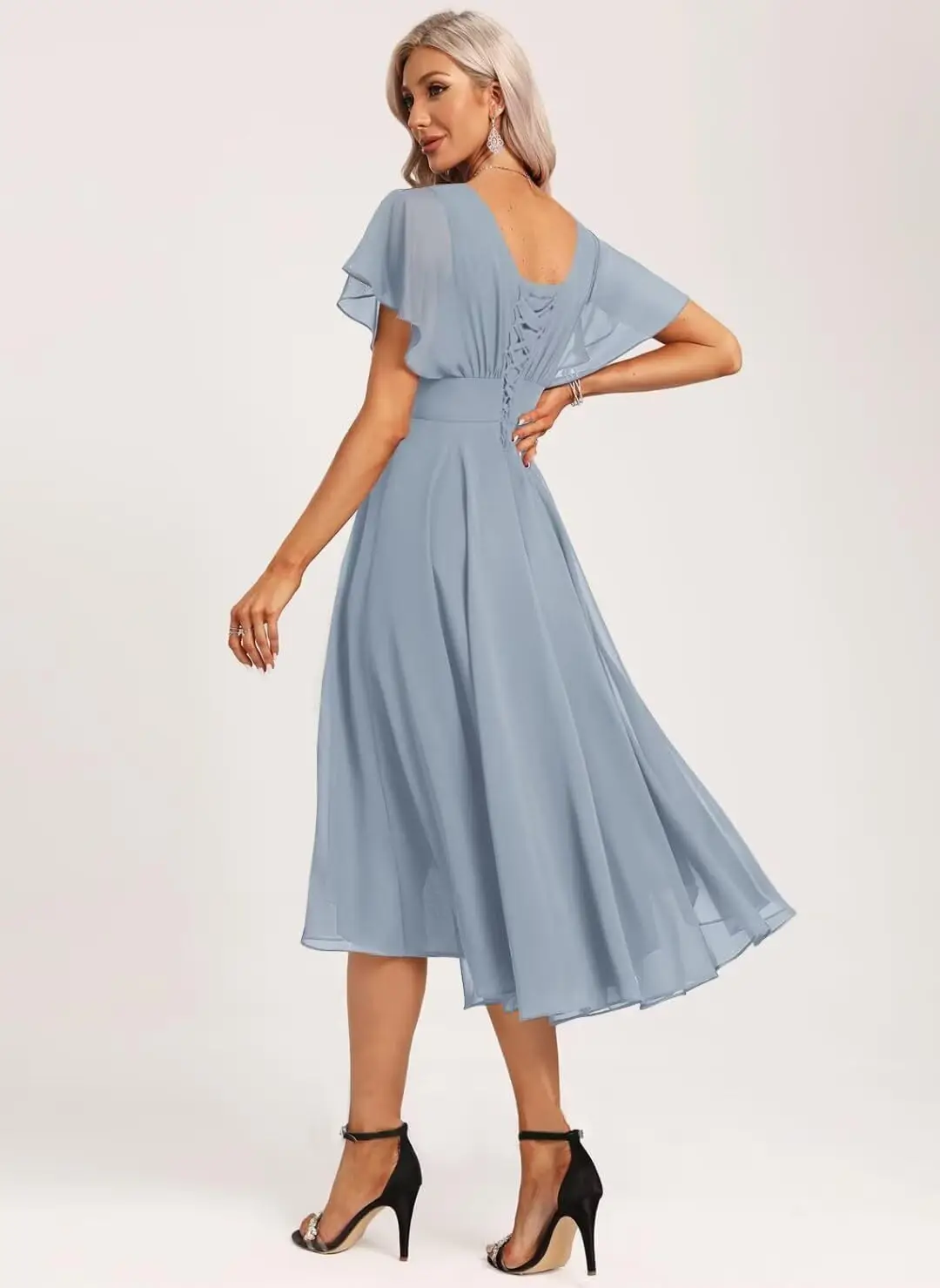 A-Linie Brautjungfernkleider mit U-Ausschnitt und Taschen, kurze Cocktail-Kleider aus Chiffon, formelle Kleider für Hochzeitsgäste