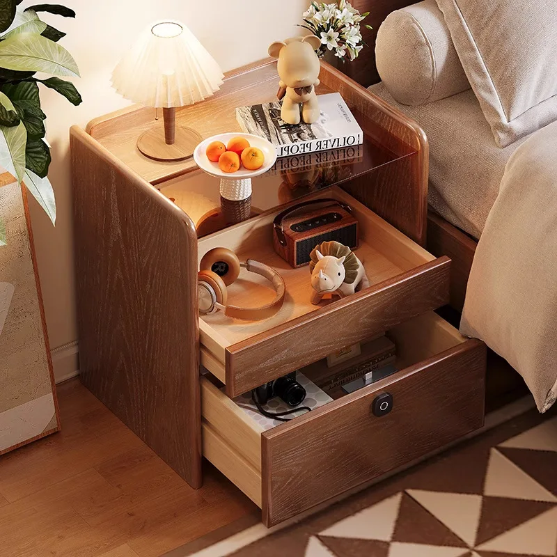 Solid wood bedside table Simple modern home bedroom Bedside rack with fingerprint lock Locker Small safe