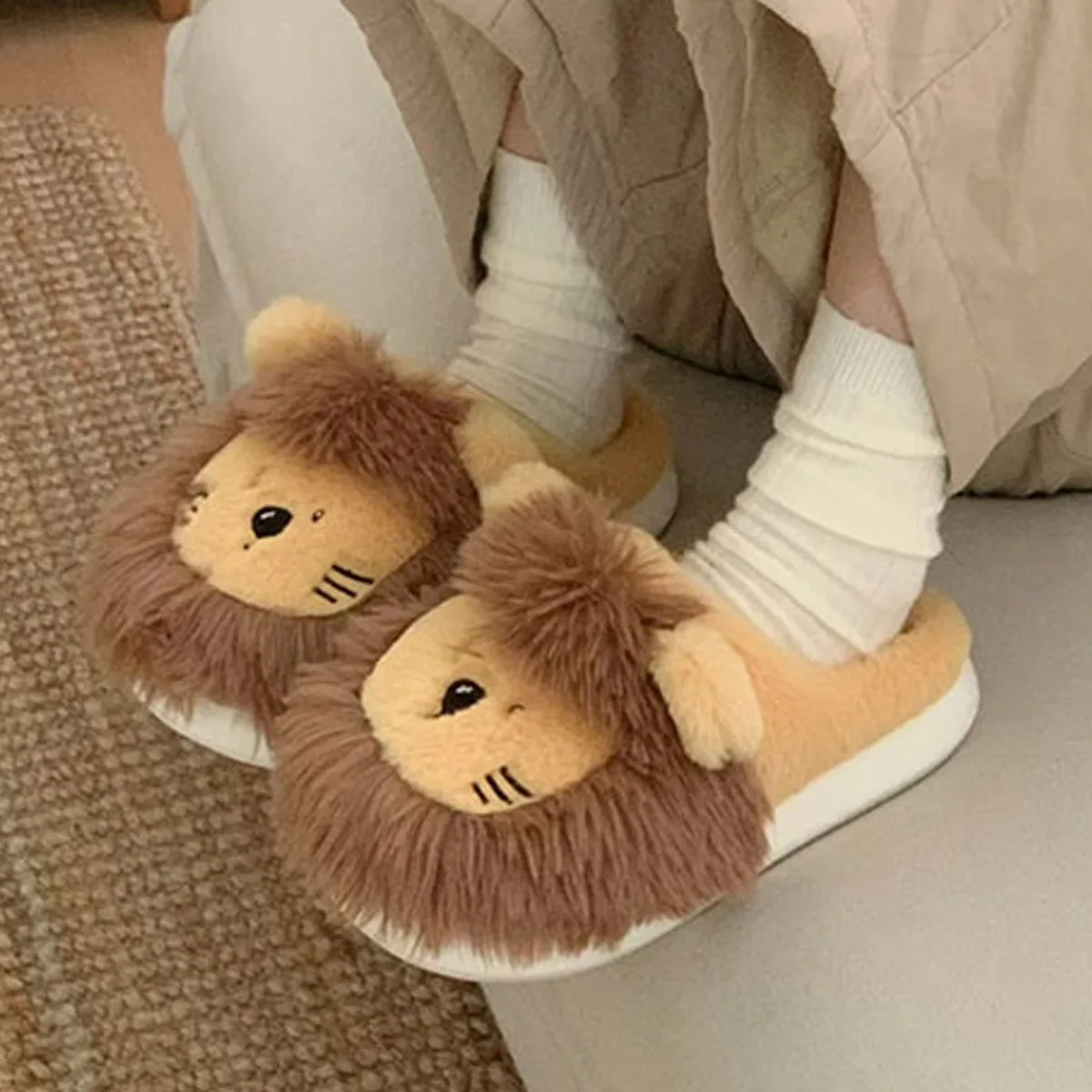 Women House Fur Slippers Casual Cute 3D-shaped Lovely Lion Design Yellow Khaki Winter Indoor Non-slip Warm Soft Soles Comfy Home image 3