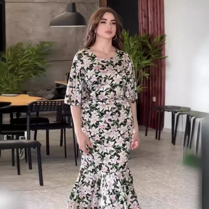 

Spring New Printed Waist Slimming Exotic Style Long Sleeve Mid-Length Dress for Women