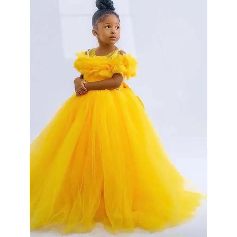 

Yellow Little Kids Birthday Party Dresses Jewel Neck Ruffles Mother And Girl Princess Flower Girls Gowns Toddler Prom Clothing