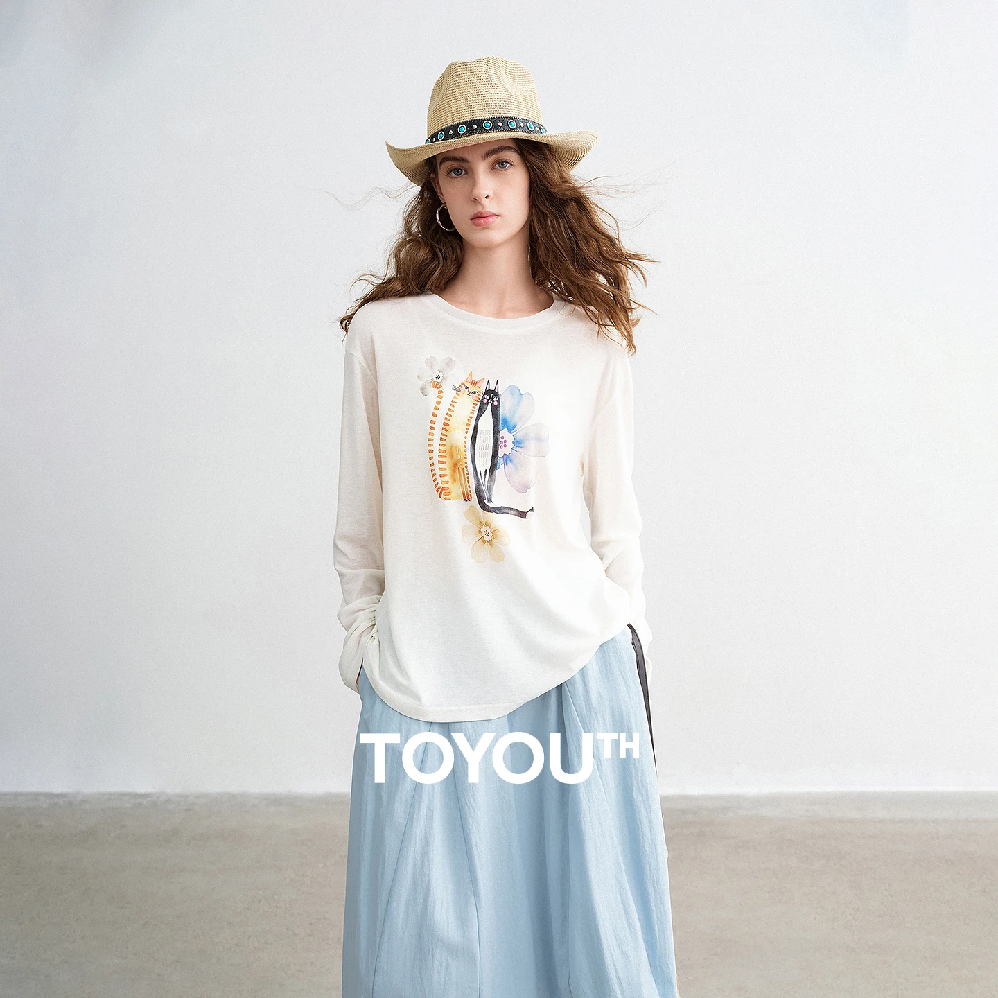 

TOYOUTH женские футболки 2026, весенние новые шерстяные футболки с длинными рукавами и цветочным котом, забавные возрастные верхние рубашки, топы