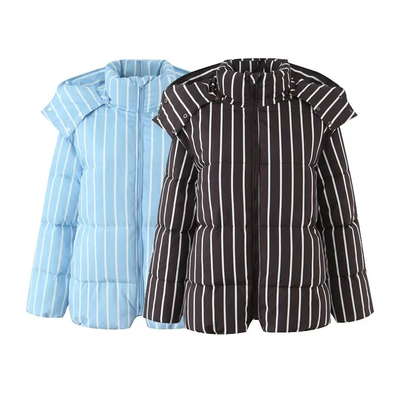 

Осень 202, новая женская мода, повседневная свободная хлопковая куртка-пуховик в полоску с капюшоном.