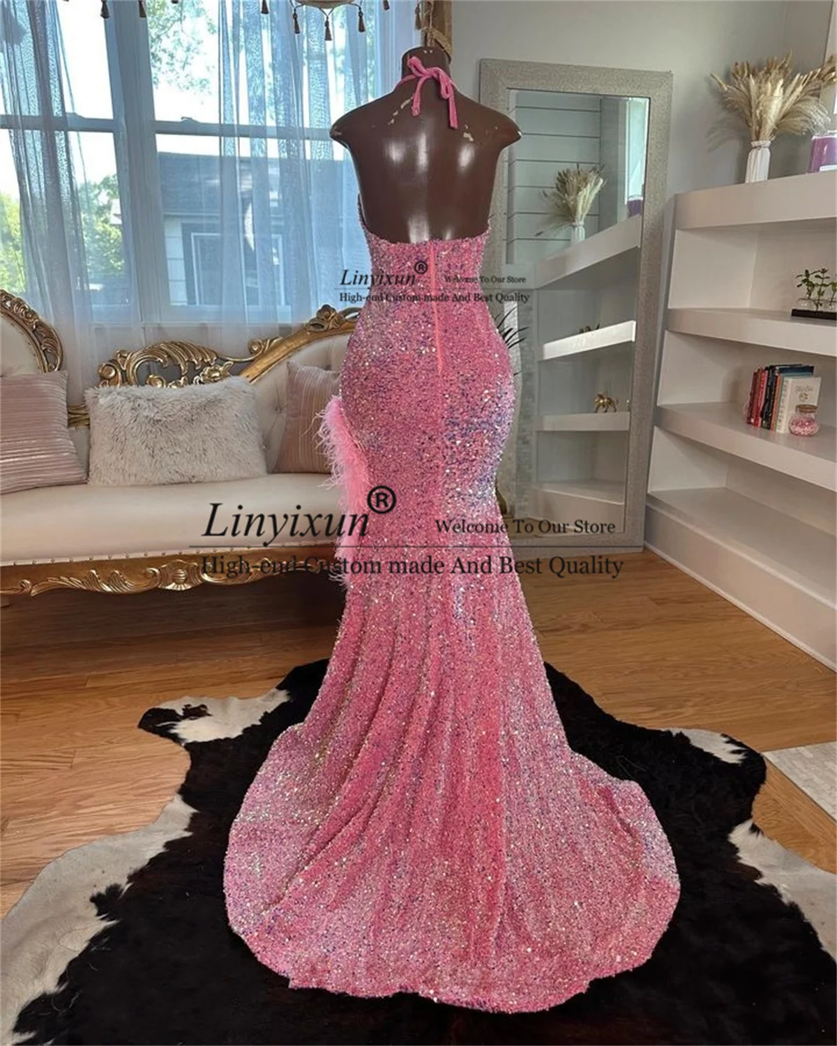 Pink Velvet Sequin Prom Dresses For Black Girls Women Mermaid Birthday Party Dress Luxury Feathers African Slit Evening Gown