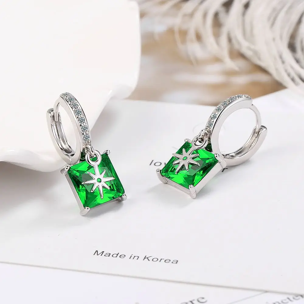 Square Green Simulated Nano Emerald 925 Sterling Silver Hoop Earring Star Ear Buckle for Woman Princess Cut Gemstone Jewelry