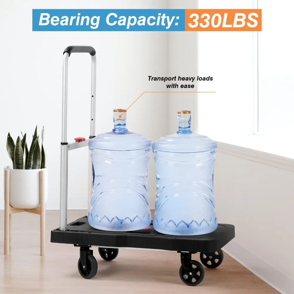 

Platform Truck Foldable Push Cart Dolly 330lb Weight Capacity, Adjustable Hand Truck Handle with 360 Degree Swivel Wheels