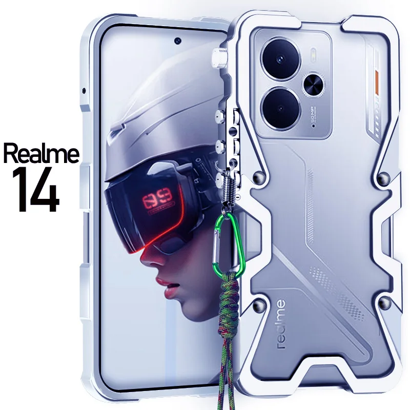 

Zimon Роскошный бронированный металлический алюминиевый бампер для телефона Realme 14X 14T 14 13 12 11 10 Pro, механический чехол с черепом ручной работы