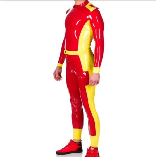 

100%Latex Rubber Gummmi Red Jumpsuit handsome racing uniform role play yellow decoration hand customized 0.4mm XS-XXL