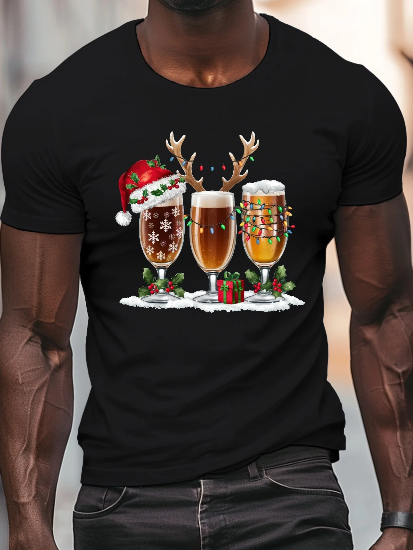 

Мужская рождественская футболка с принтом пивной кружки, шляпой Санта-Клауса и рогами оленя — 100% хлопок с круглым вырезом и короткими рукавами, всесезонная C