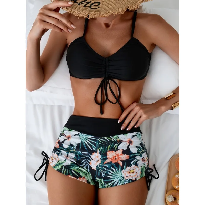 Costume da bagno da donna a due pezzi Costumi da bagno Costumi da bagno floreali tropicali a vita alta Pantaloncini da surf Halter Top Bikini Set