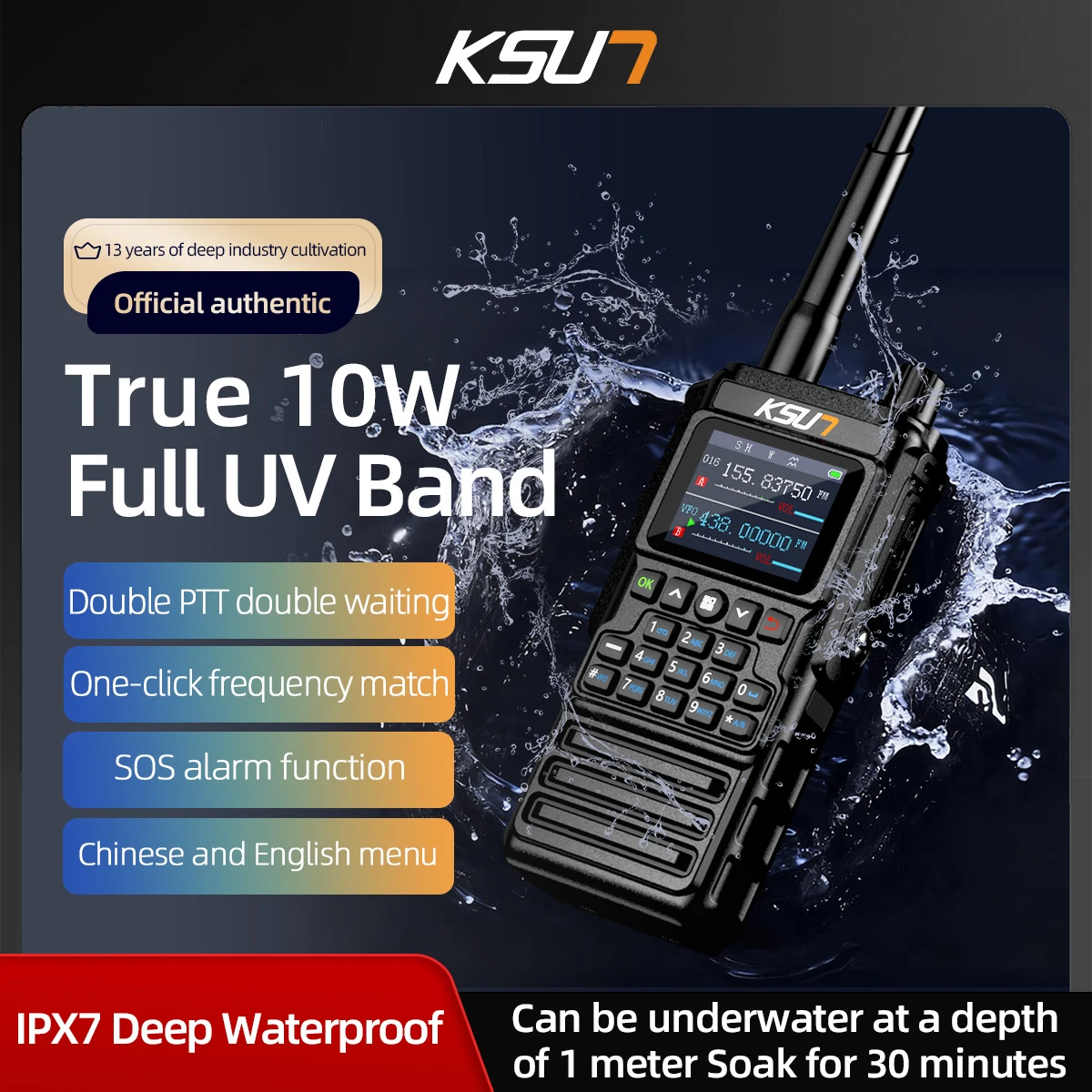 Walkie talkie ip67 à prova d'água profunda, alta potência, 10w, vhf, uhf, rádio profissional, comunicação de longo alcance, walkie talkie ksun uv168p