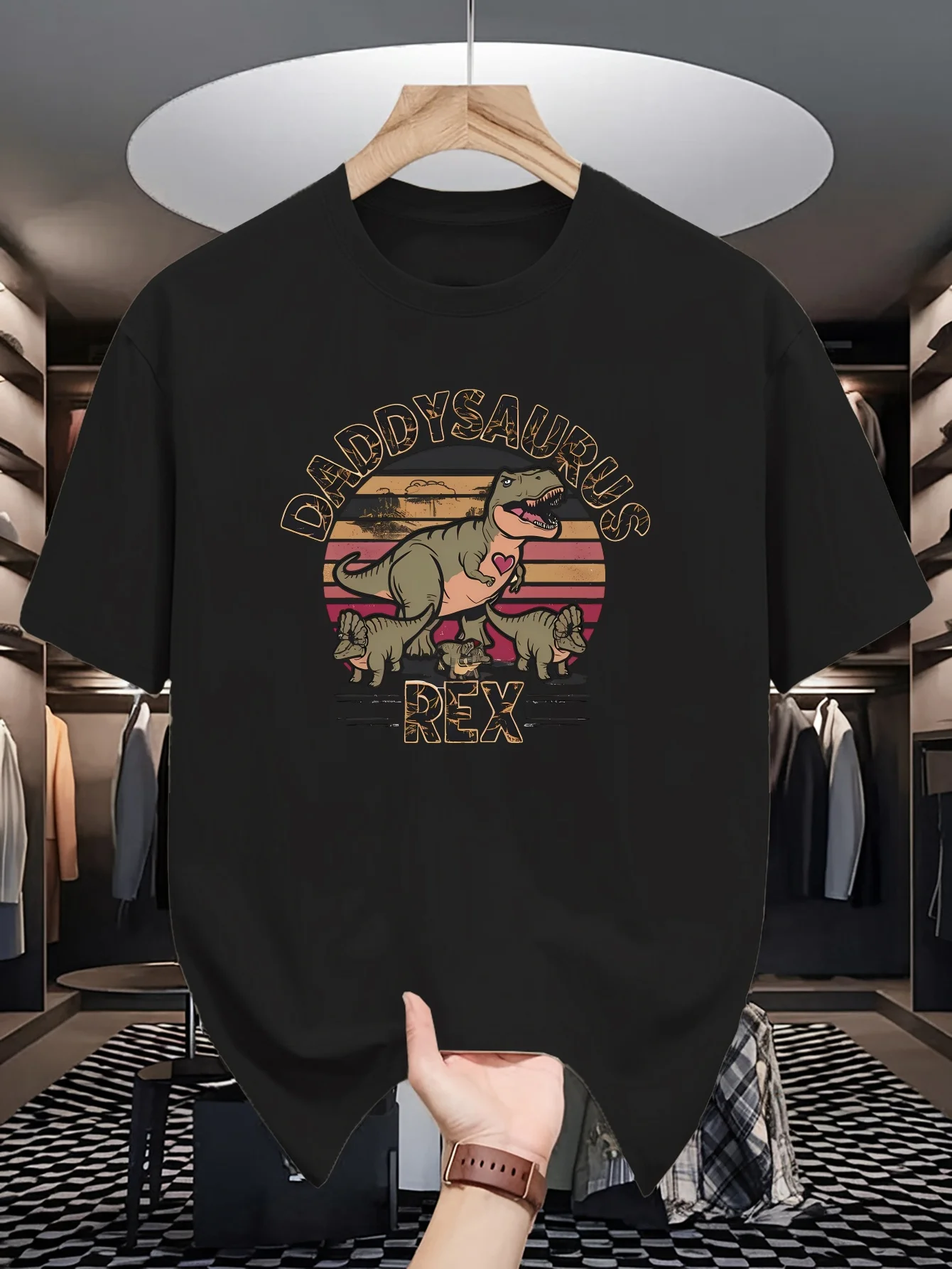 Mens Crew Neck T Shirt Daddysaurus Rex Retro Dinosaur Family Graphic Short Sleeve Casual Cotton Fathers Day Gift Streetwear Tees