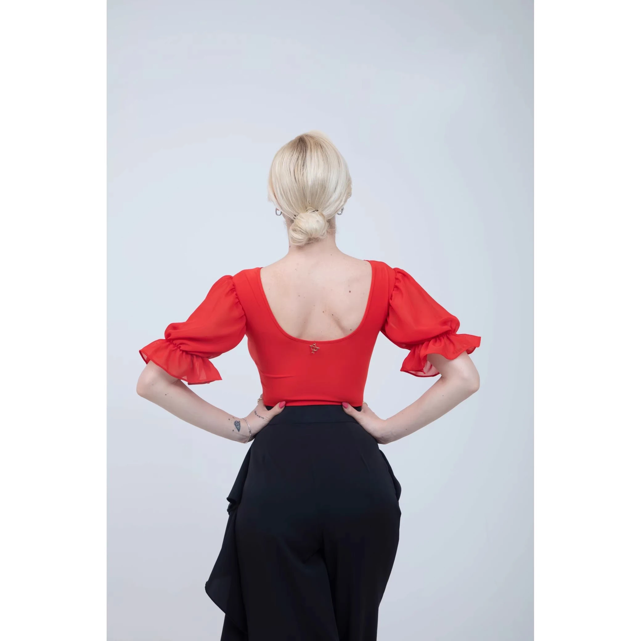 Top de manga curta de malha para dança de valsa, trajes de dança latina modernos, rumba, tango, roupas de dança de salão, roupa de prática dn21966