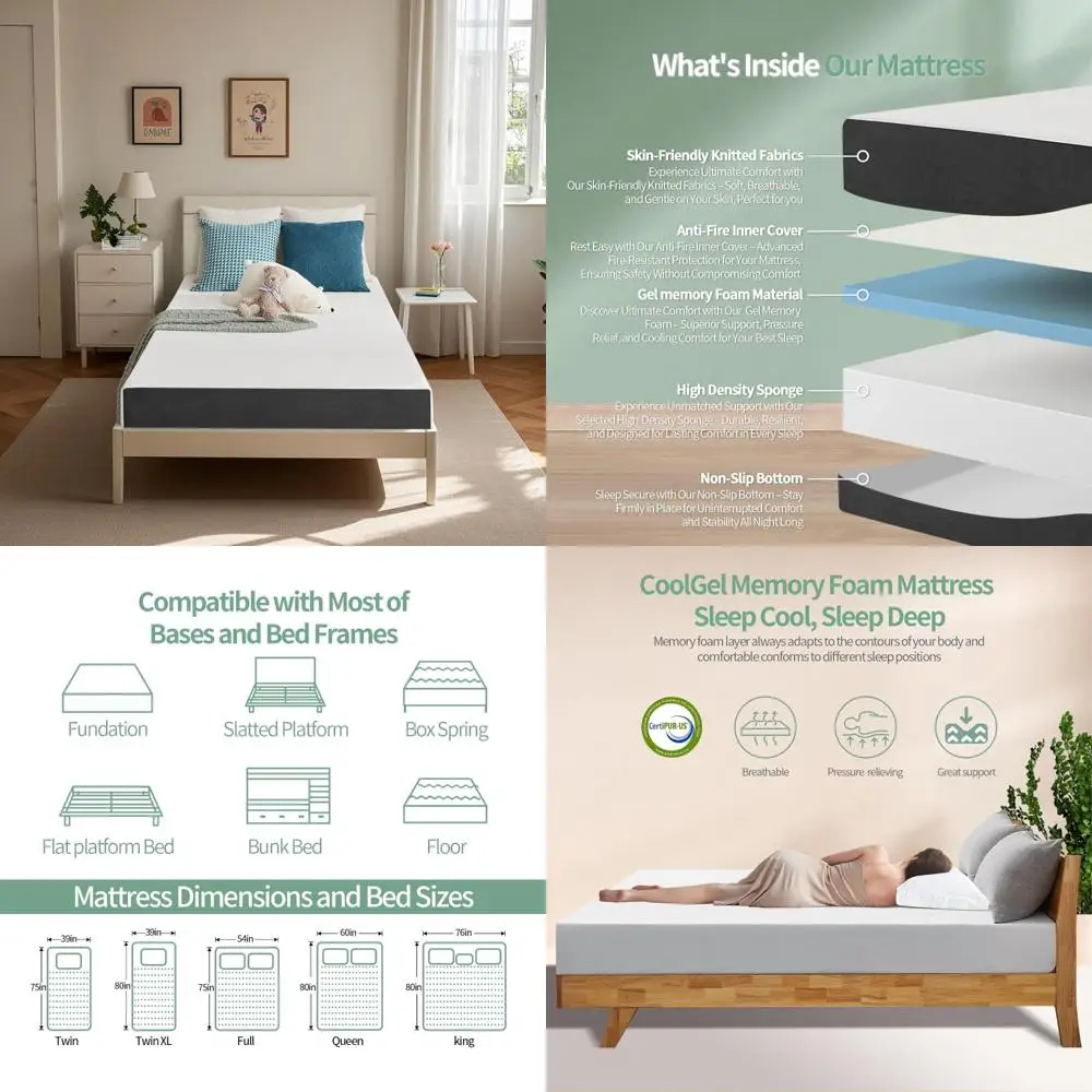 

Portable Memory Foam Mattress with Cooling and Pressure Relief, Medium Firmness, Removable Washable Cover, Fiberglass-Free, Whit