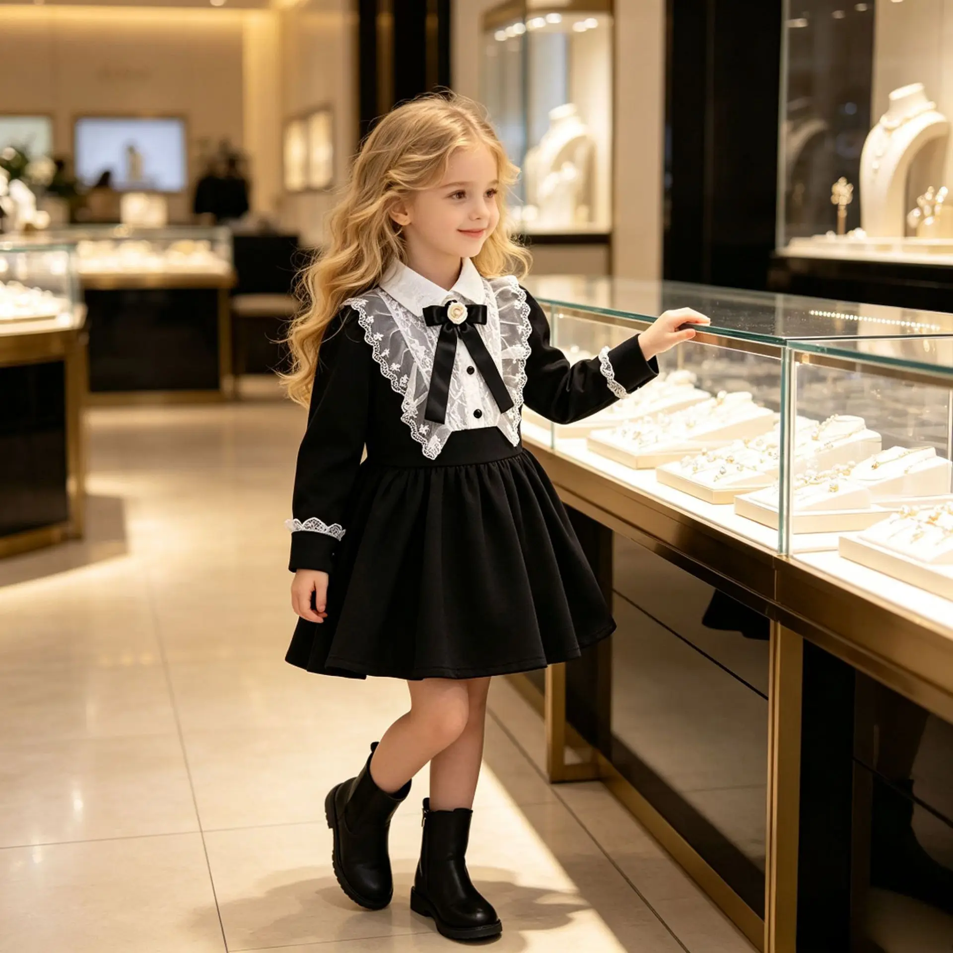 Girls Gentle Temperament Dress 2026 Autumn New Long Sleeve Lace Bowknot Lapel Dress
