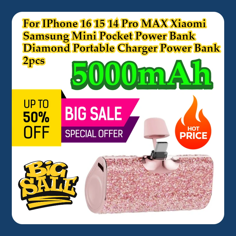 

For IPhone 16 15 14 Pro MAX Xiaomi Samsung Mini Pocket Power Bank 5000mAh Diamond Portable Charger Power Bank 2pcs