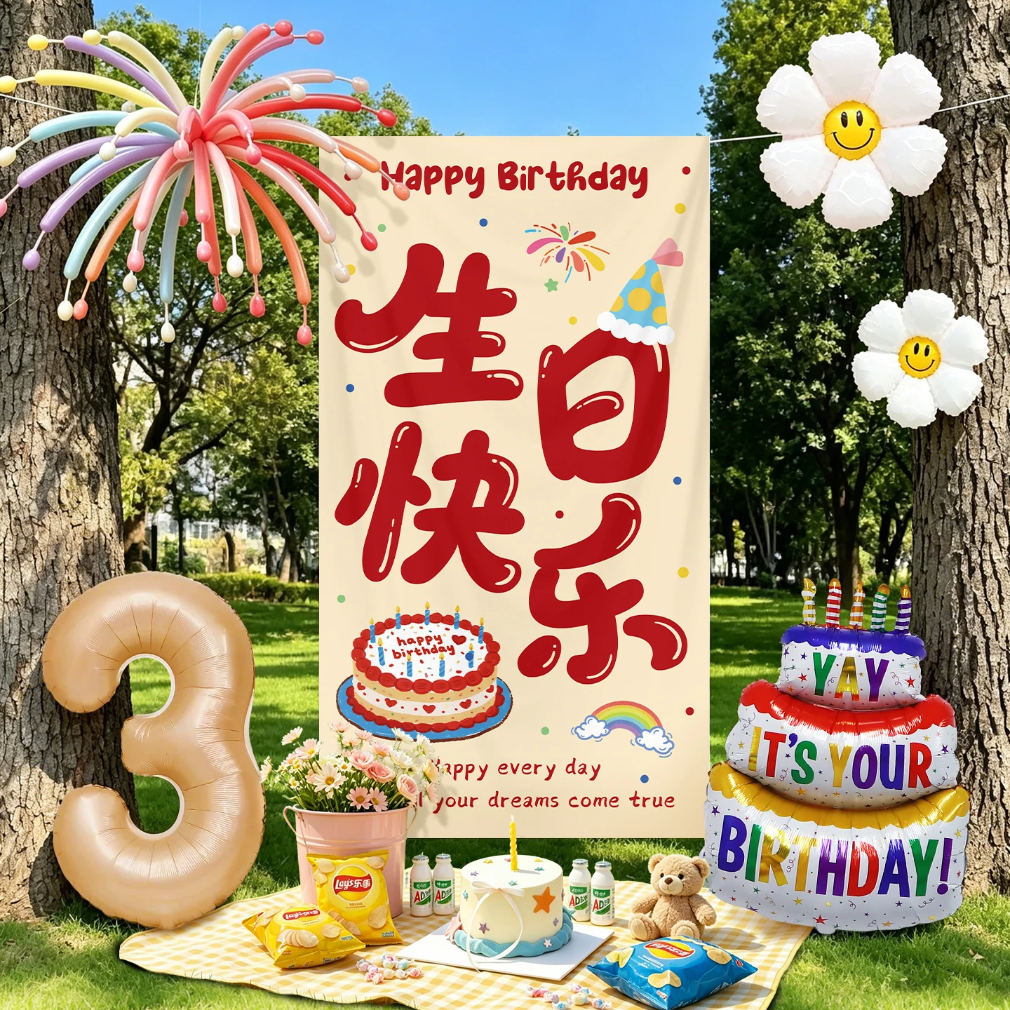 子供の屋外誕生日パーティーデコレーション女の子キャンプ写真小道具背景かわいい漫画スタイルの風船花の形