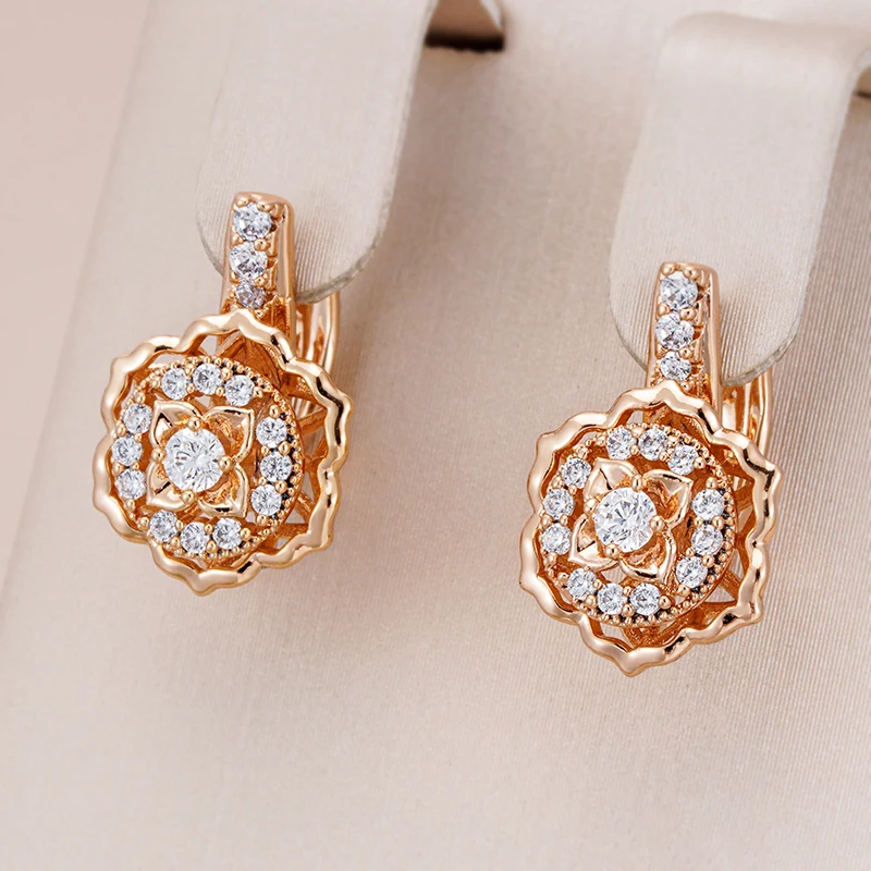 Kinel Hot 585 Rose Gold Color Crystal Flower Dangle Earrings For Women Fashion Natural Zircon Accessories Daily Fine Jewelry