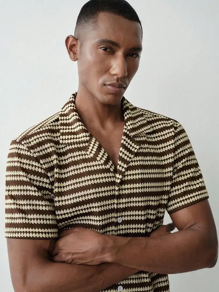 Men s Knitted Stripe Jacquard Short Sleeve Shirt Brown And Cream Summer Tropical Vacation Holiday Old Money British Gentleman