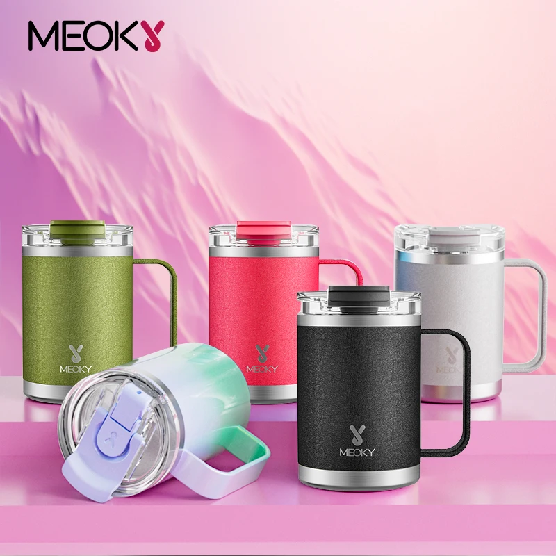 

Meoky 14oz Tumbler with Handle Office Coffee Cup Multicolor Stainless Steel Two Ways to Drink Leak-Proof Insulated Water Bottle