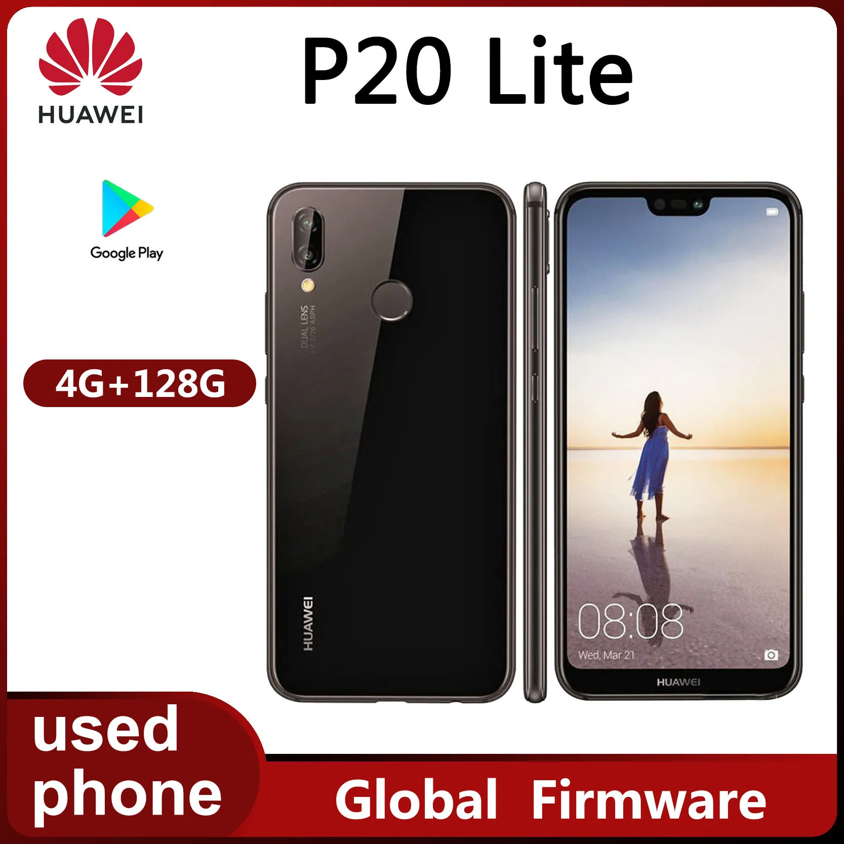 هاتف هواوي P20 Lite 4G الذكي 18 وات 3000 مللي أمبير في الساعة سعة البطارية 16 ميجابكسل 2280 × 1080 بكسل هاتف مستعمل غير مقفول
