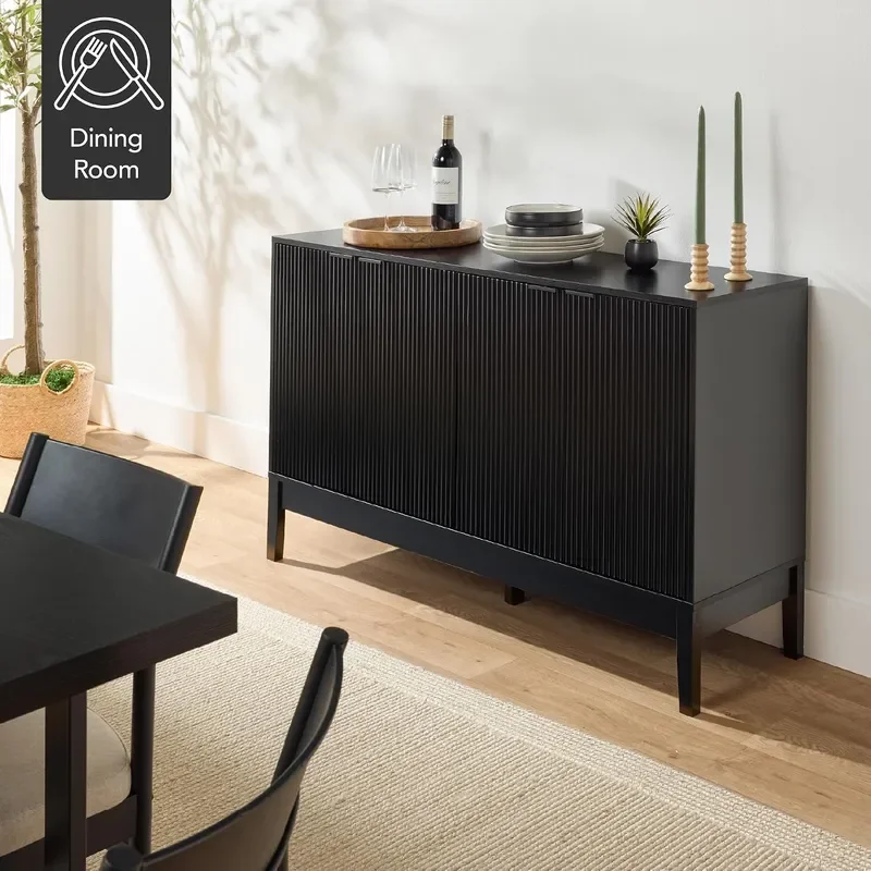 55 Modern 4 Door Sideboard Storage Cabinet Buffet Media Cabinet Cupboard Entryway Accent Table Bookcase w Reed Panels and
