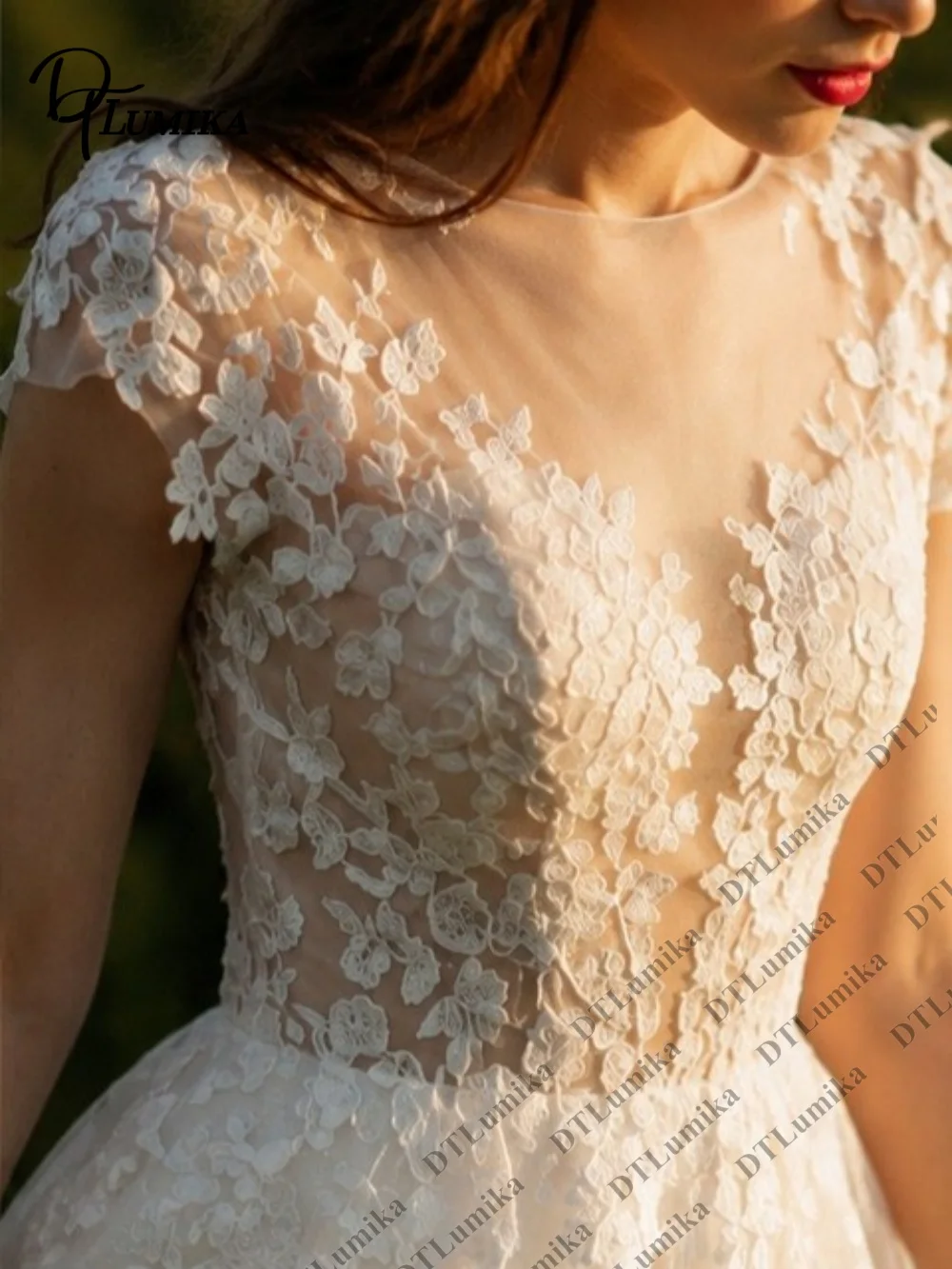 Cap Sleeve Illusion Neck A‑Line Wedding Dress Lace Bridal Gown Floor‑Length Formal Gown Bride Outdoor Wedding Ceremony Reception