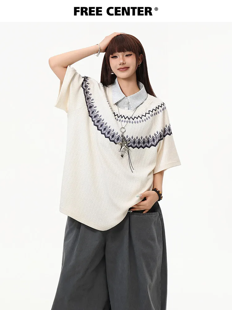 Women Sweater 2026 Summer New Fair Isle Fake Two-piece Short Sleeve Unisex Raglan Sleeve Retro Wheat Jacquard Half Sleeve Tops