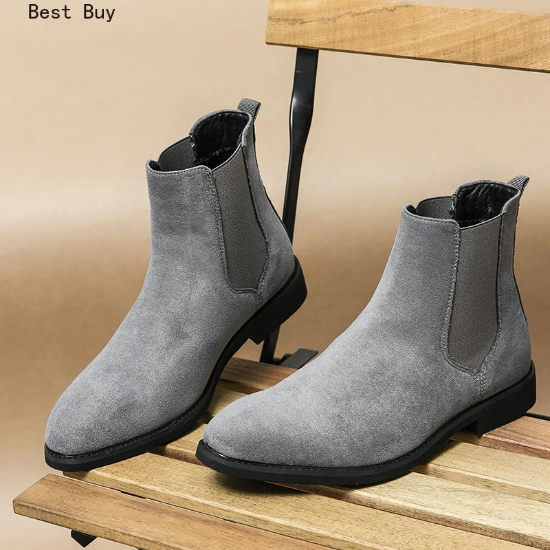 New spring/autumn Gray Chelsea Boots for slip-on Men Faux Suede Flock Business Mens Short Boots Ankle Boots for Mens Size 38-48