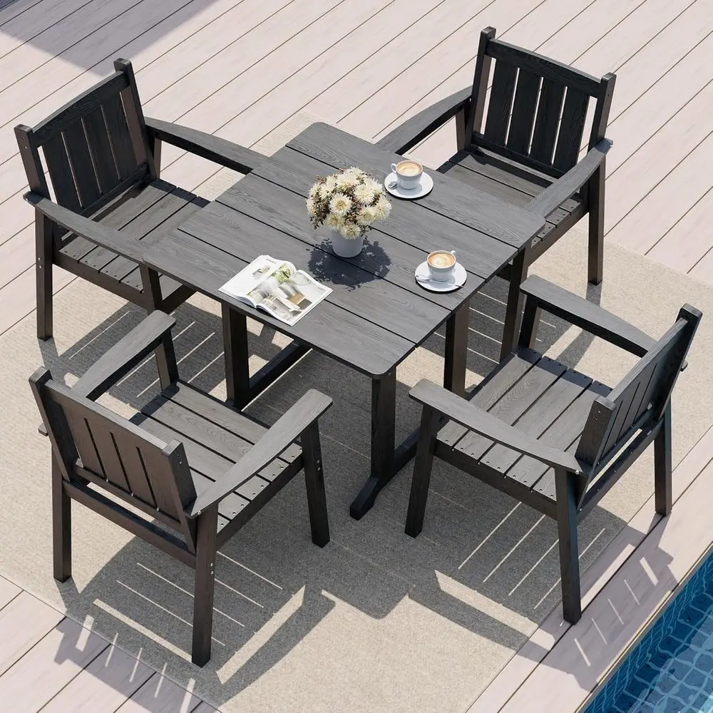 

Gray Spacious HDPE Outdoor Dining Set with Wood Grain Chairs and Umbrella Hole