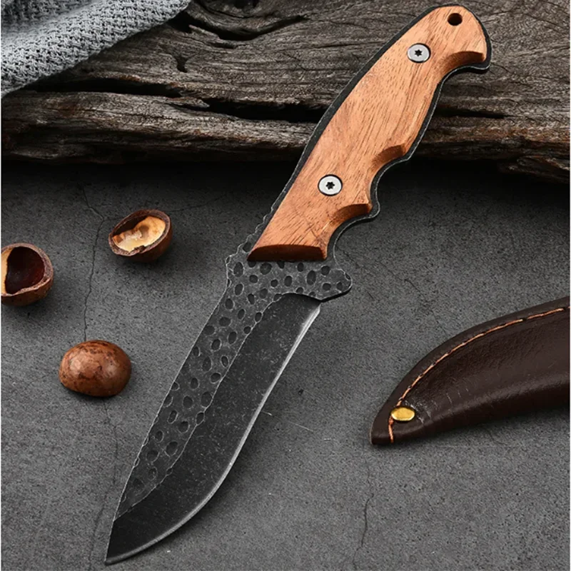 Outdoor Straight Knife, Stainless Steel Blade, Wooden Handle with Knife Cover, Travel Camping Cutting Tool