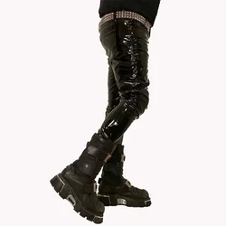 Men's Black PVC Leather Wet Look Sleek Biker Pants Rock Punk Stage Club Pants Low Waist Gothic Stretch PU Trousers Custom New