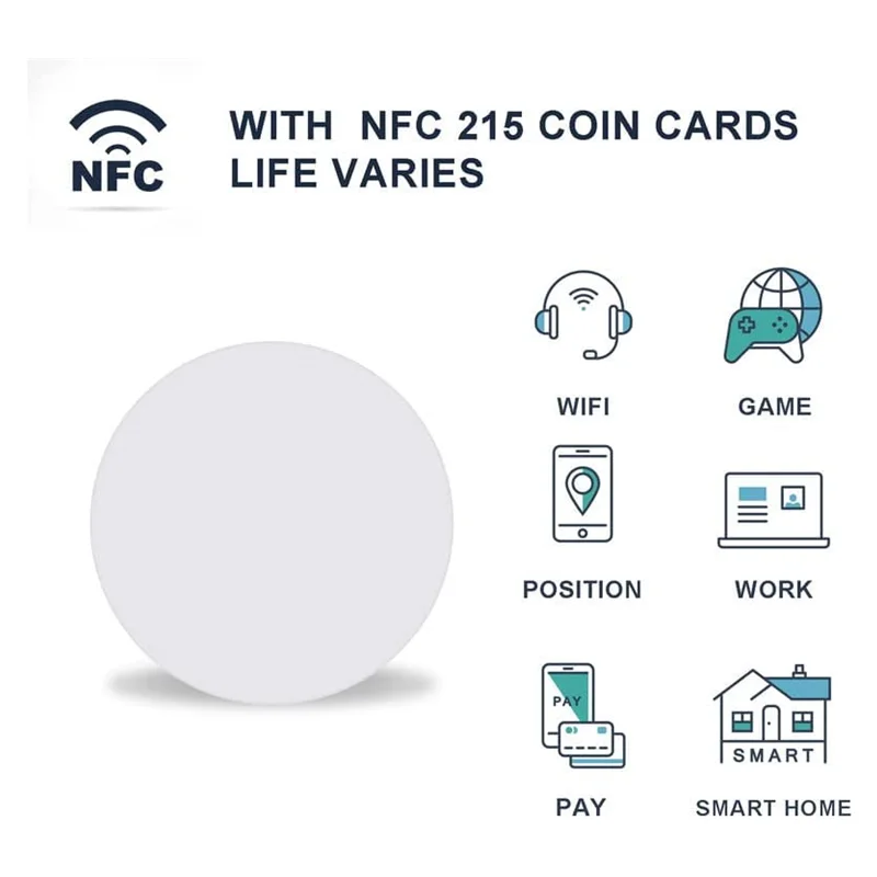 Tarjetas NFC Ntag215 de 10 piezas, 13,56 MHz, tarjeta NTAG 215, moneda redonda Universal en blanco de 25mm, etiquetas RFID para teléfono móvil