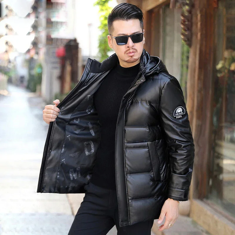 Winter Genuine Leather Coat Down Jacket For Men Mid To Long Sheepskin Man Hooded Thick Soft Duck Puffer