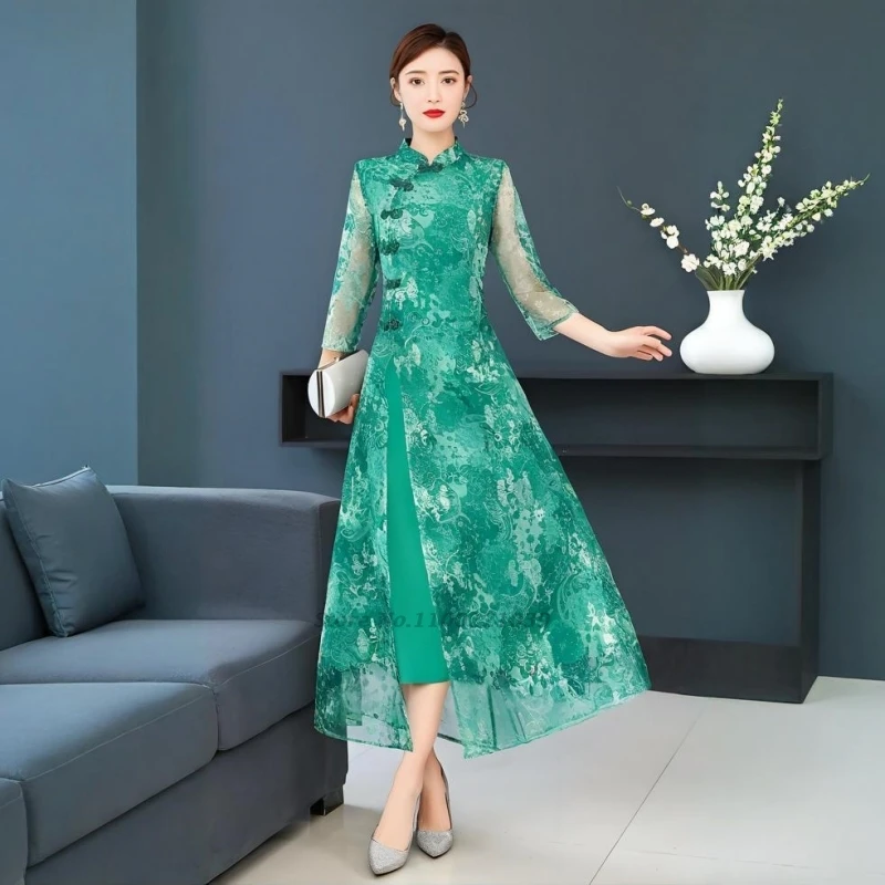 2026 chinese vintage dress improved cheongsam women traditional flower mesh qipao dress oriental banquet evening dress vestido