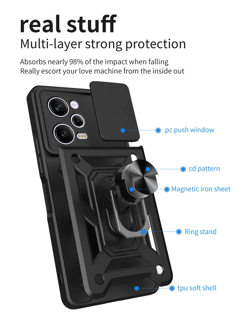 Shockproof Slide Lens Armor Funda For Xiaomi Redmi Note 12 Pro Plus 12S Note12 4G 5G Case Ring Stand Back Cover for Redmi 12 12C view 4