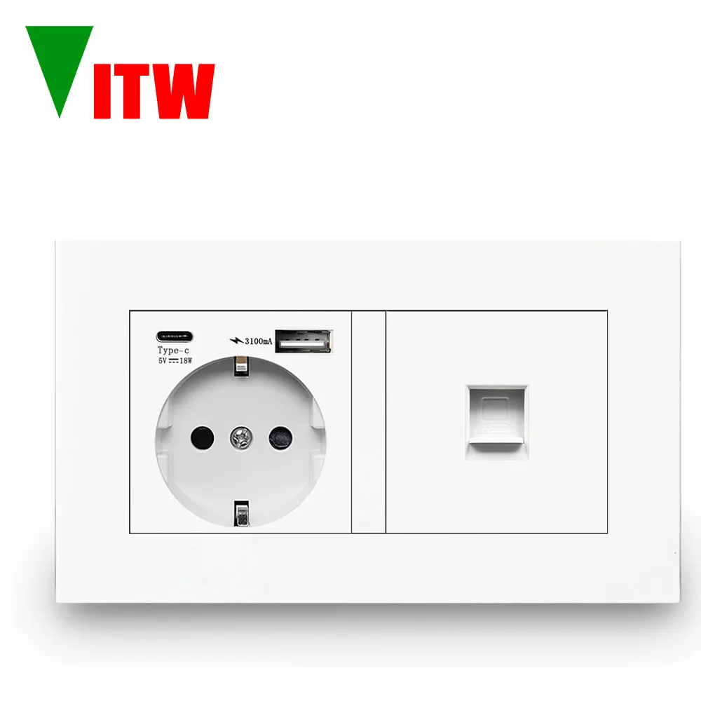

Vitw German wall 16A socket with USB charging A+C interface, RJ45 computer network cable port, CAT5E EU universal socket