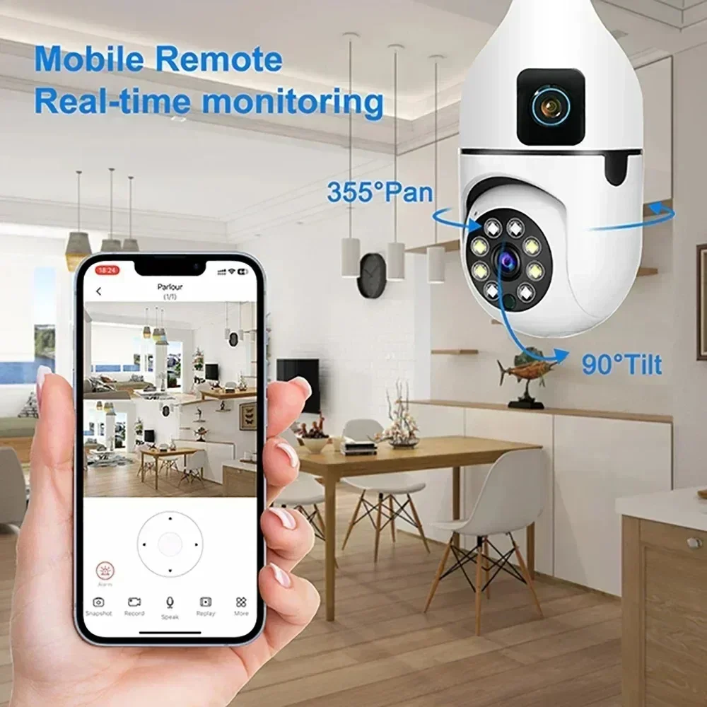 8MP E27 ampoule WIFI caméra sans fil double objectif double écran sécurité couleur Vision nocturne AI suivi humain alarme vocale caméra ip Cam