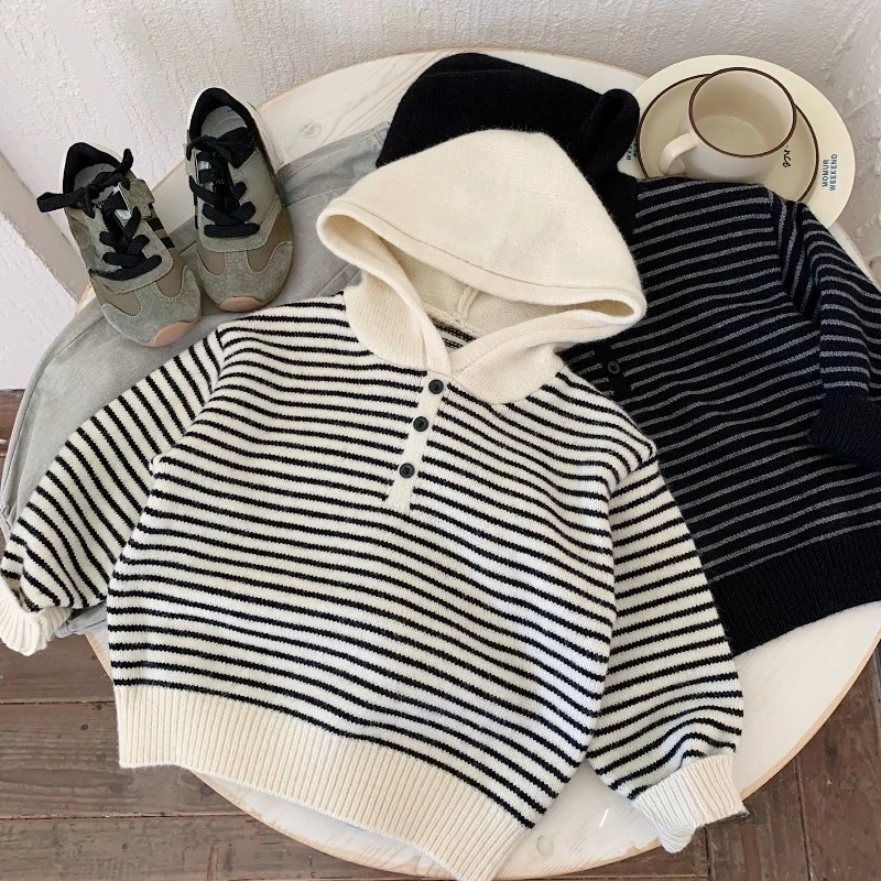 

Children Sweater Girls Striped Pullover Baby Boys Winter Hooded Warm Jumper Autumn Kids Knitted Tops Teen Long Sleeve Clothes
