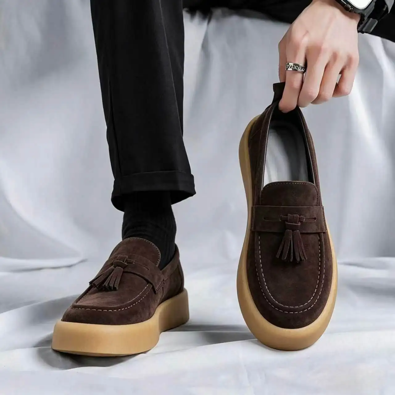 Men Tassel Loafers Autumn Winter Slip‑on Casual Shoes Thick Sole Suede Loafer Shoes For Men Daily Streetwear Shoes 39‑44