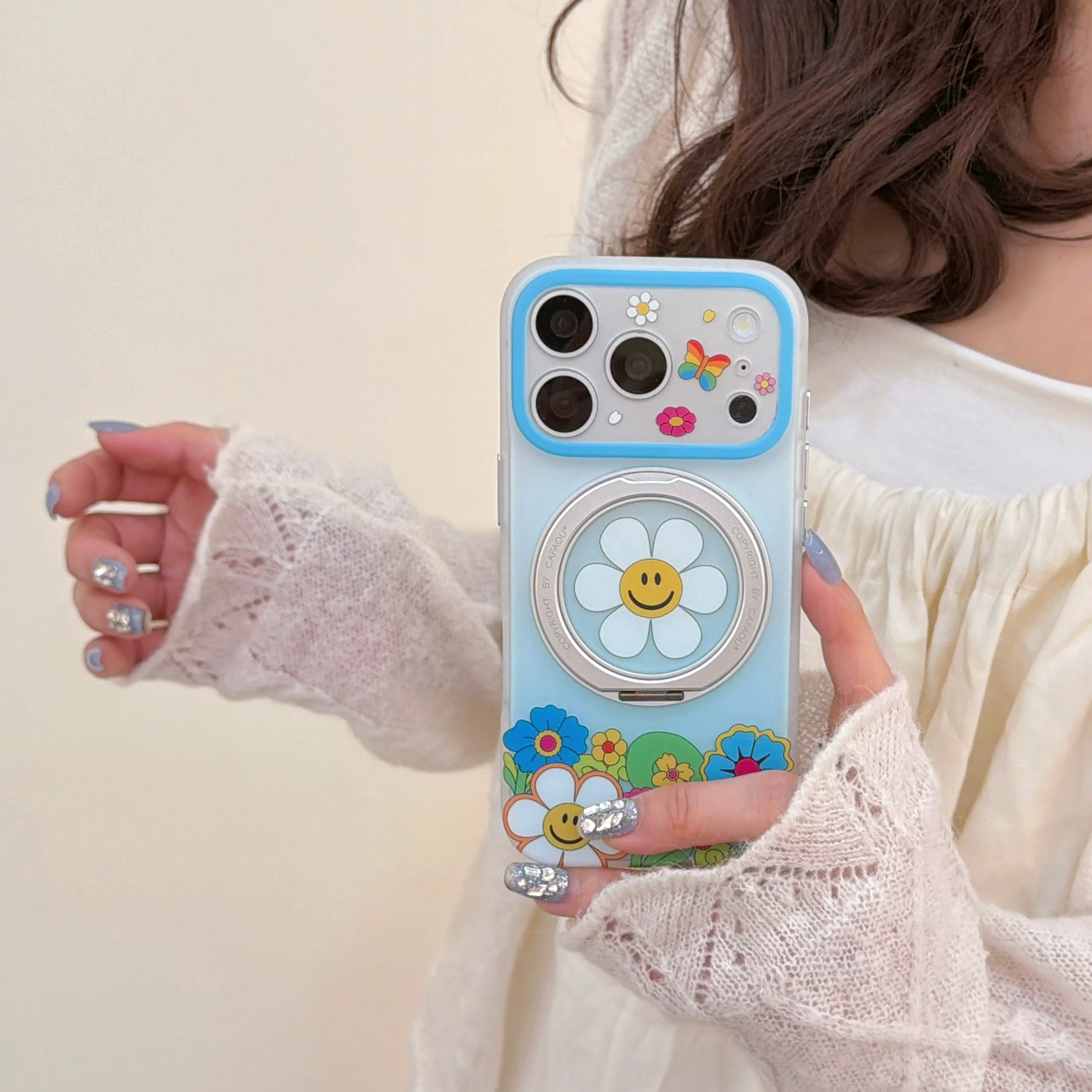 

Cute Flower Smiley Print Phone Case with Rotating Ring Stand for iPhone 15 16 17 Pro Max Matte Soft Shockproof Cover