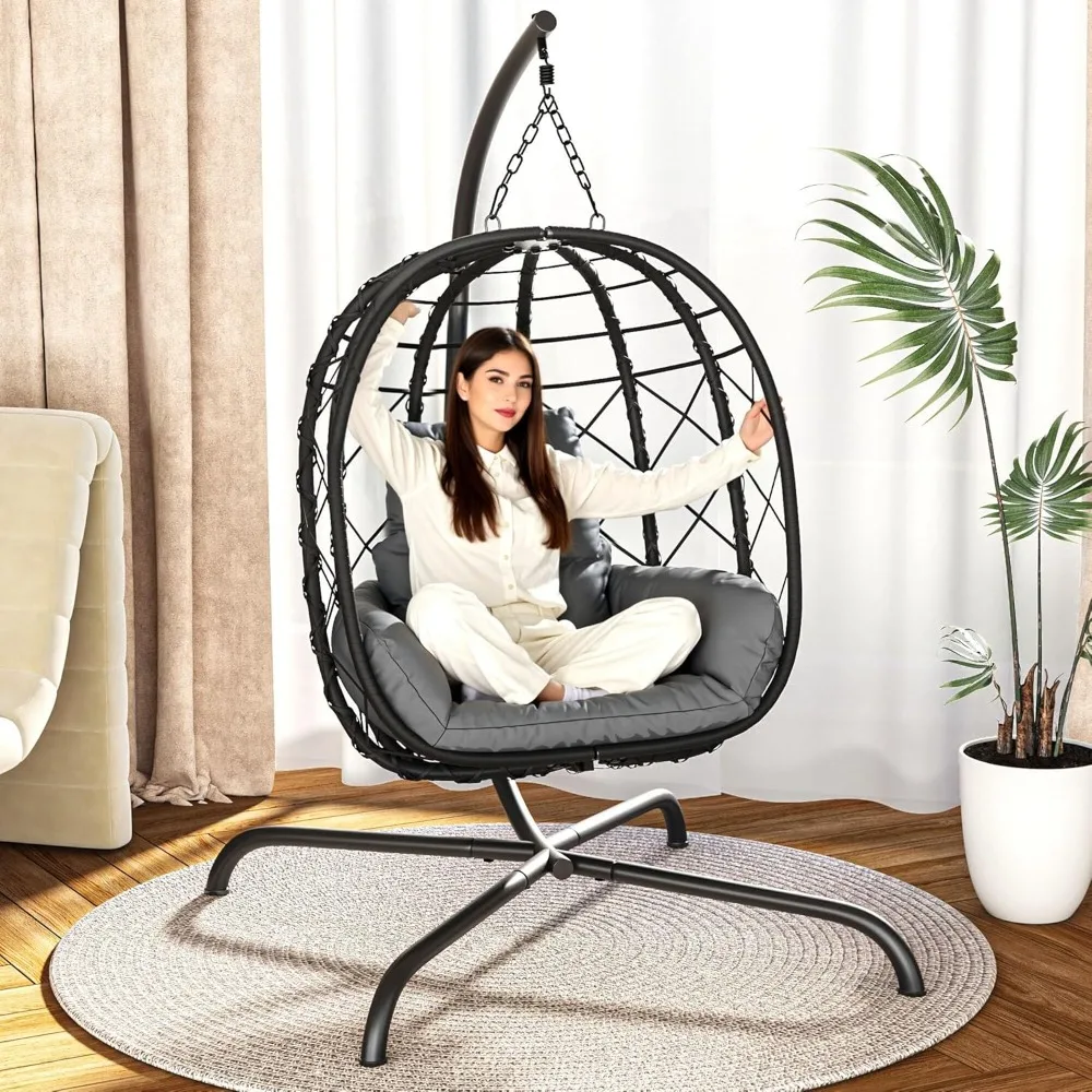 

Egg Chair with Stand, Outdoor Swing Egg Chair, 350 LBS Capacity All-Weather PE Wicker Swing Chair with Waterproof Cushio
