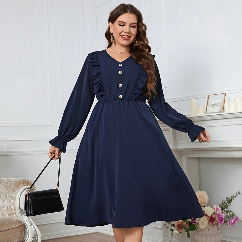 Della Mel Plus Size Women Clothing Solid Color Midi Dress Fashion Casual Puff Long Sleeve Big Size Lady Party Dresses 3XL 4XL