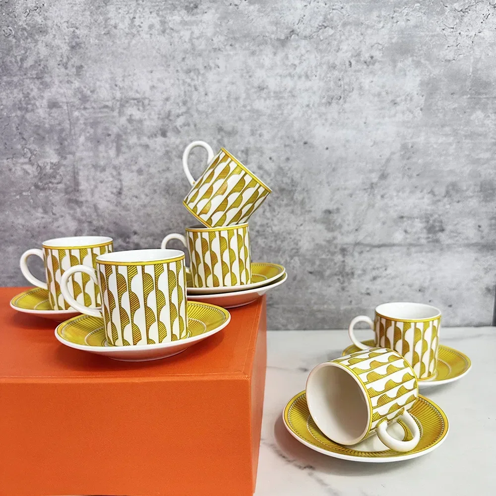 

6 cups 6 saucers yellow ceramic coffee cup suit, simple design, afternoon porcelain tea cup, breakfast.