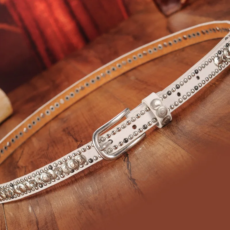 Western Rivet Desig Thin PU Leather Women Belt Retro Rhinestone Skinny Jeans Dress Belt for Ladies