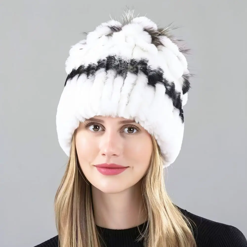 Winter Warm Fur Hat Women Thickened Knitted Caps Rex Rabbit Fox Hair Elastic Fashion Casual Outdoors Soft Head Accessories
