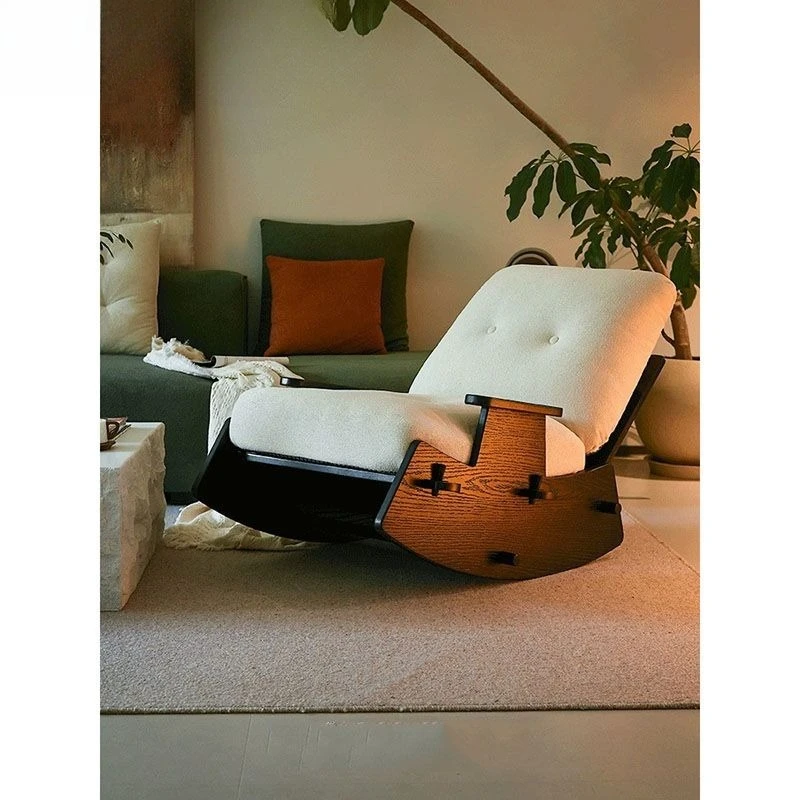 

Solid wood rocking chair recliner household retro leisure chair sleepable and reclining living room lazy sofa chair
