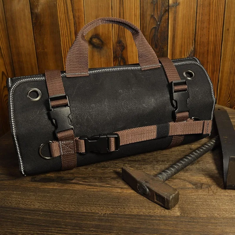 1pcs Tool Roll Bag Oxford Cloth Brown Black 15L Multi Zipper Pockets Foldable Repair Tool Organizer
