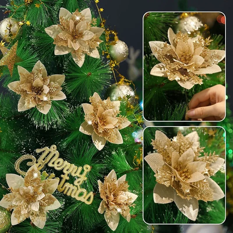 Christmas Glitter Silk Fake Flower with Clips for Xmas Tree Hanging Ornaments New Year Gift Home Decor